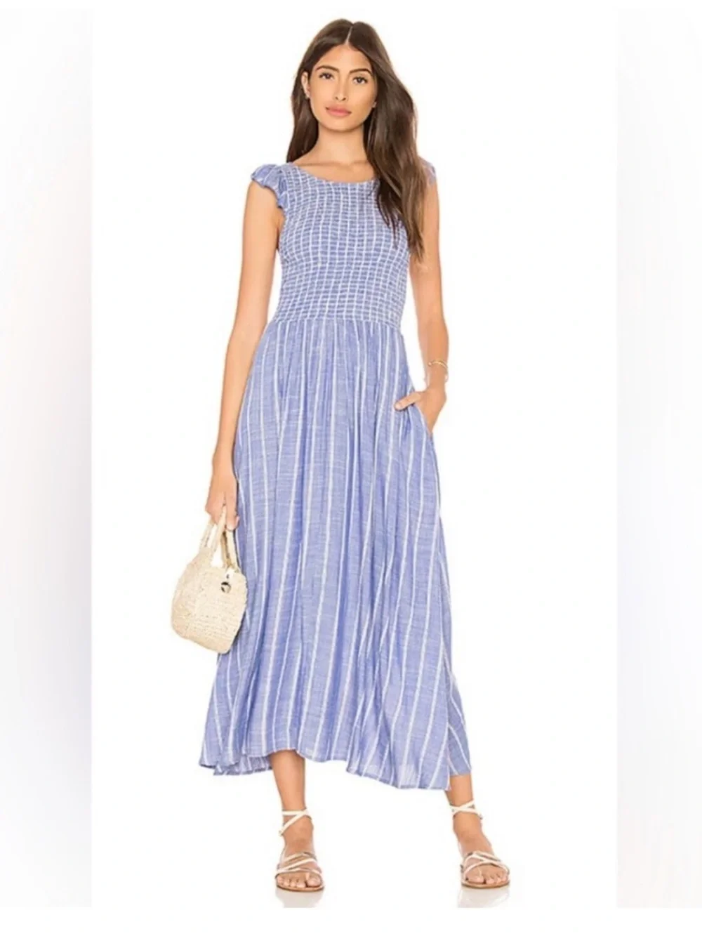 Free People Blue Striped Chambray Smocked Maxi Dress